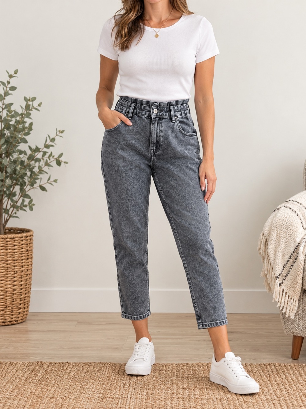 NWT No Boundaries Paperbag Mom Jeans Gray Wash High Rise Size 13 (31” Waist)